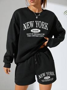 SHEIN EZwear 2 件/套字母印花運動衫和短褲套裝 - 黑色 - 查看 1