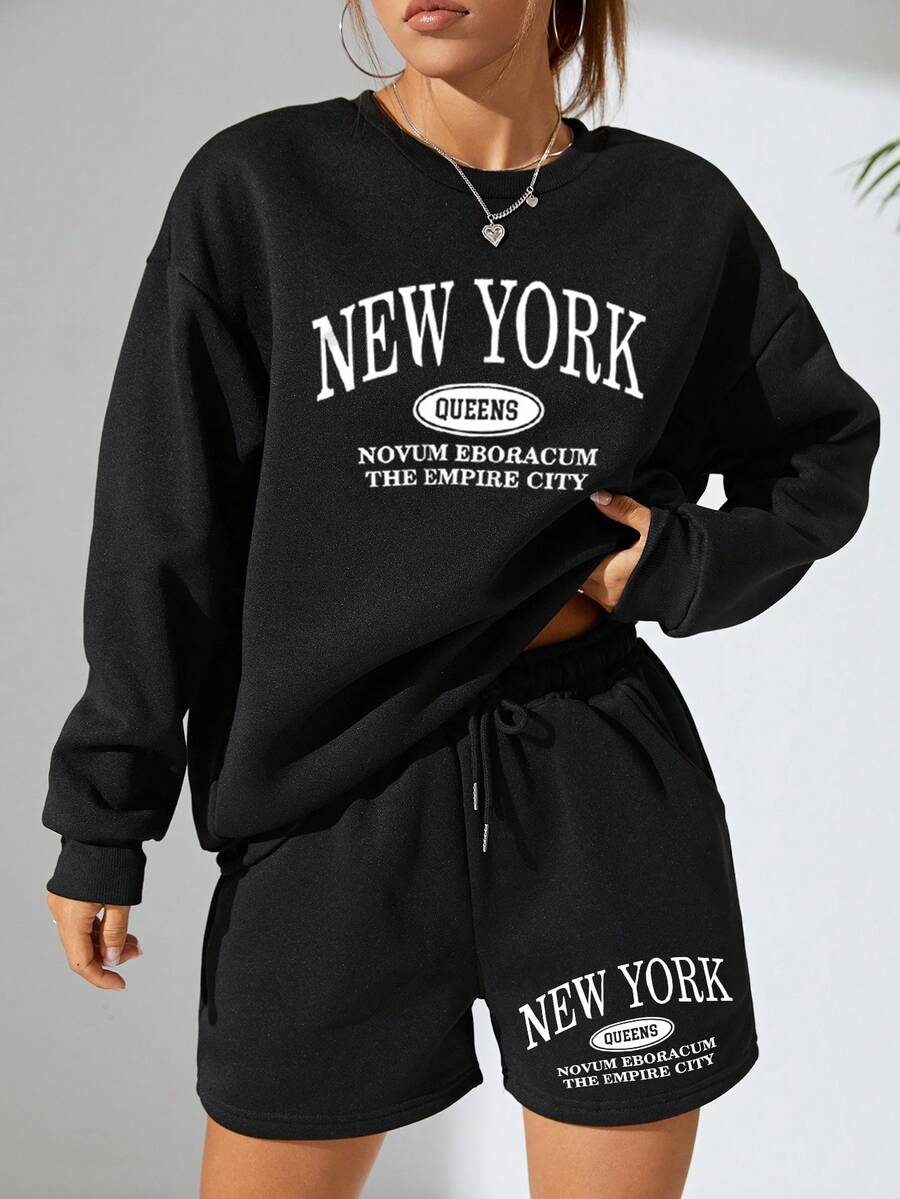 SHEIN EZwear 2 件/套字母印花運動衫和短褲套裝 - 黑色 - 查看 1