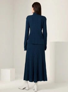 Seusyu 女士高領毛衣兩件套,印有字母圖案 - 水鴨藍 - 查看 2