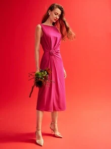 MOTF PREMIUM 编织女士褶饰立体花朵纯色连衣裙，情人节装 - 玫紅色 - 查看 7