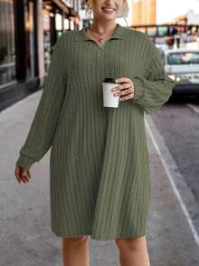 SHEIN CURVE+ Của phụ nữ Kích thước lớn Sọc Thả vai Đầm Với Quay xuống Vòng cổ - xanh quân đội - Xem 4