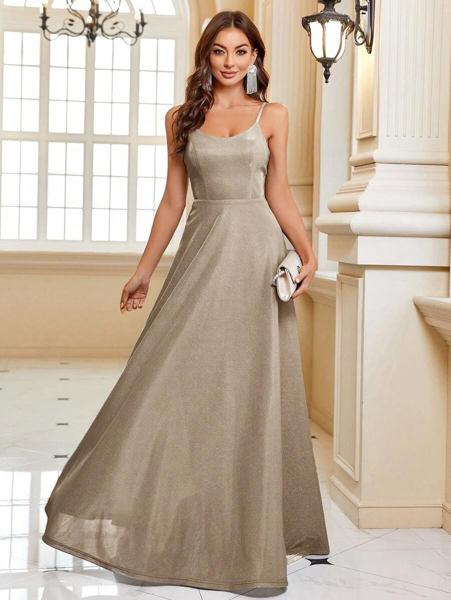 SHEIN Belle Quý cô Màu thuần Đầm Party Với Dây đai mỏng - Vàng - Xem 1