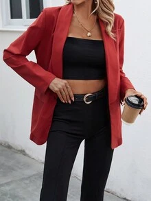 SHEIN Clasi Shawl Collar Flap Detail Placket Blazer - Red - View 6