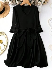 SHEIN LUNE Vestido De Talla Grande Con Puños Enrollados Y Color Liso Con Cinturón