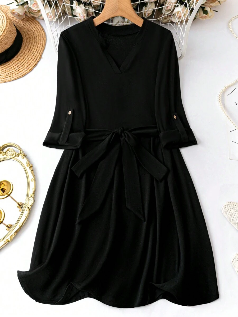 SHEIN LUNE Vestido De Talla Grande Con Puños Enrollados Y Color Liso Con Cinturón