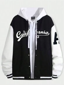 ROMWE MEN Prep 男士字母圖形兩色調校隊夾克,無帽設計 - 黑與白 - 查看 1
