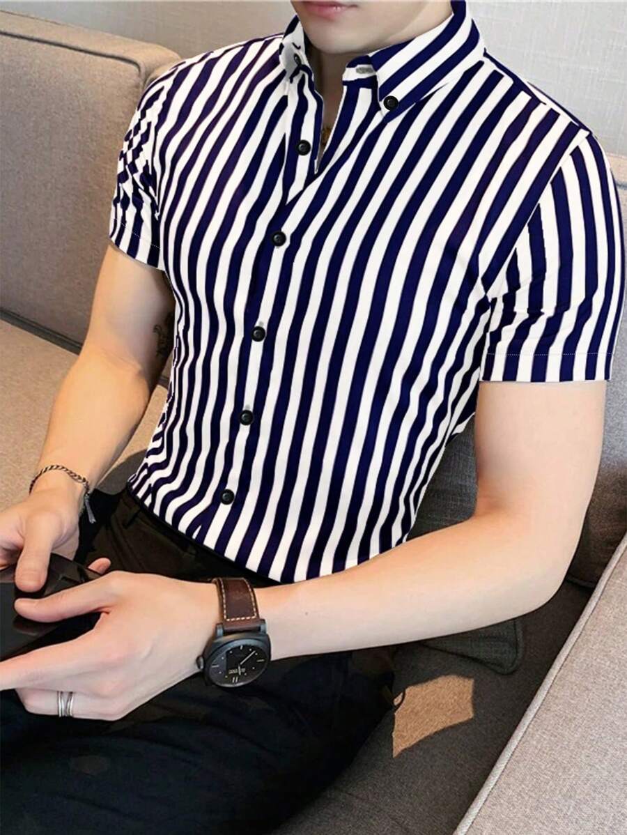 Manfinity Homme Hombres Camisa de rayas verticales con botón - Azul y blanco - Ver 1