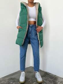 EURMUSE Zip Up Drawstring Hooded Vest Puffer Coat - Green - View 5