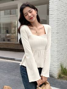 DAZY Solid Color Square Neck Long Sleeve Slim Fit T-Shirt,Ruffle,Babydoll Top