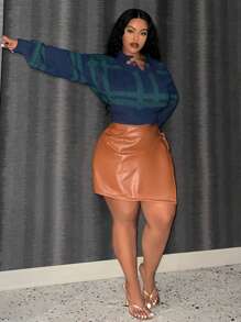 Slaydiva Women'S Plus Size Asymmetrical Hem Pu Skort With Button Detail - Brown - View 1