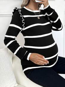 SHEIN Maternity Striped Round Neck Long Sleeve Patchwork Ruffle Hem Sweater, Autumn/Winter - Black - View 1