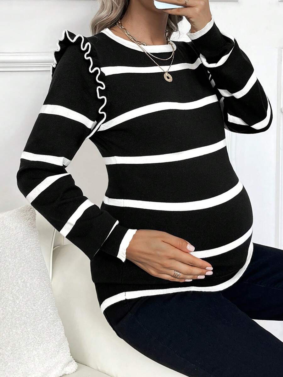 SHEIN Maternity Striped Round Neck Long Sleeve Patchwork Ruffle Hem Sweater, Autumn/Winter - Black - View 1