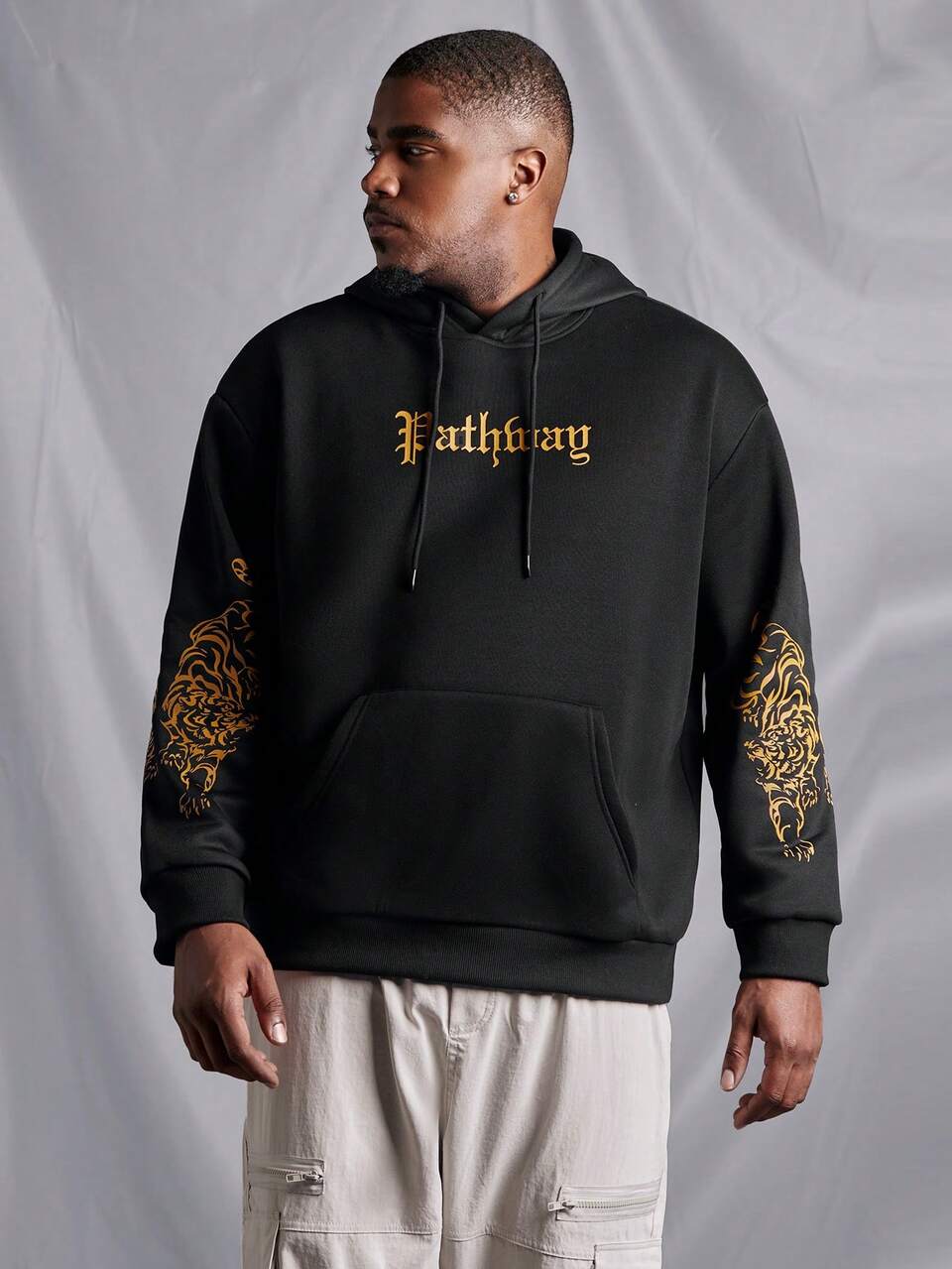 Men's Plus Size Hooded Sweatshirt With Letter & Tiger Print And Drawstring