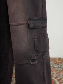 ROMWE PUNK Kích thước lớn Của phụ nữ Cargo Phong cách Quần denim Với Túi - màu đen - Xem 3