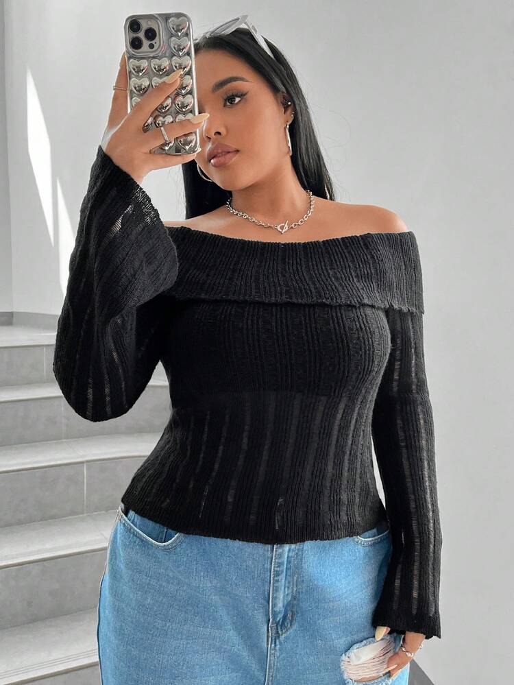 Women's Plus Size Off Shoulder Flare Sleeve Sweater