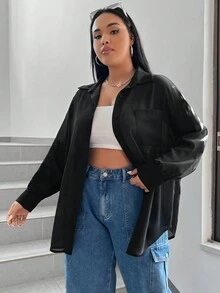 SHEIN EZwear Black Woven Loose Casual Women's Shirt - Black - View 6