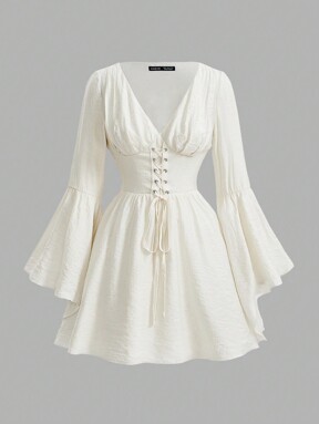 SHEIN MOD Abendkleid mit Ärmeln, Damen Kleid mit ausgestellten Ärmeln und Taillenbindung