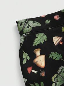 ROMWE Fairycore 大尺碼蘑菇和植物印花開叉下擺半身裙 - 黑色 - 查看 4
