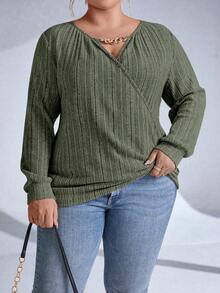 Calvaya Áo nỉ dài tay quấn chéo trơn cỡ lớn - xanh quân đội - Xem 5