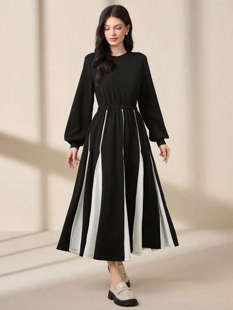 Women's Round Neck Contrast Color Cinched Waist Lantern Sleeve Dress