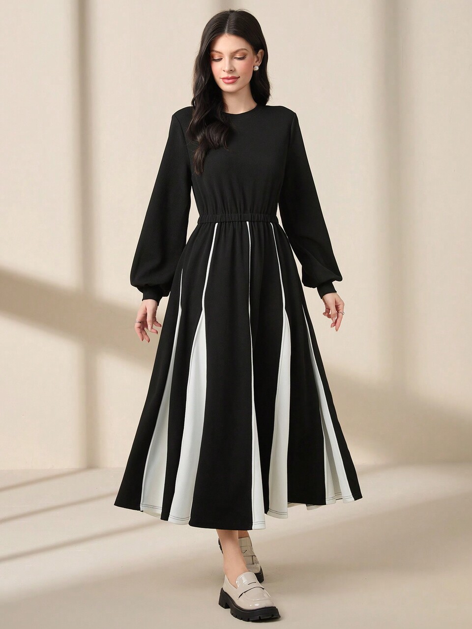 Women's Round Neck Contrast Color Cinched Waist Lantern Sleeve Dress