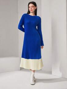 Seusyu Của phụ nữ Màu tương phản Sọc Đầm Áo len - Xanh và trắng - Xem 3