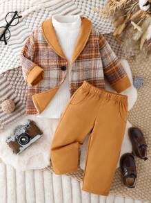 寶寶男孩優雅紳士復古格紋夾克和長褲套裝,適用於春秋季節 - 棕色 - 查看 1