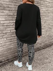 EMERY ROSE Plus Size Green Solid Color Long Sleeve T-Shirt & Camouflage Pants 2pcs Set Fall Women Clothes Fall 2pcs Set - Multicolor - View 2