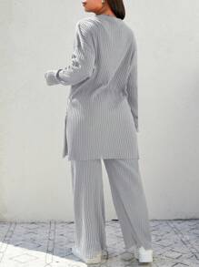 EURMUSE Plus Drop Shoulder Split Hem Tee & Pants - Light Grey - View 2