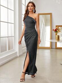 SHEIN Belle Một bờ vai Wrapped Kim sa Hem Đầm dự tiệc Cocktail - màu đen - Xem 5