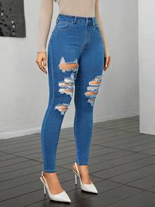 SHEIN Essnce Của phụ nữ Gầy Quần jean rách Với Nghiêng Túi - Rửa nhẹ - Xem 6