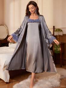 女性緞面拼接睡衣套裝 - 灰色 - 查看 1