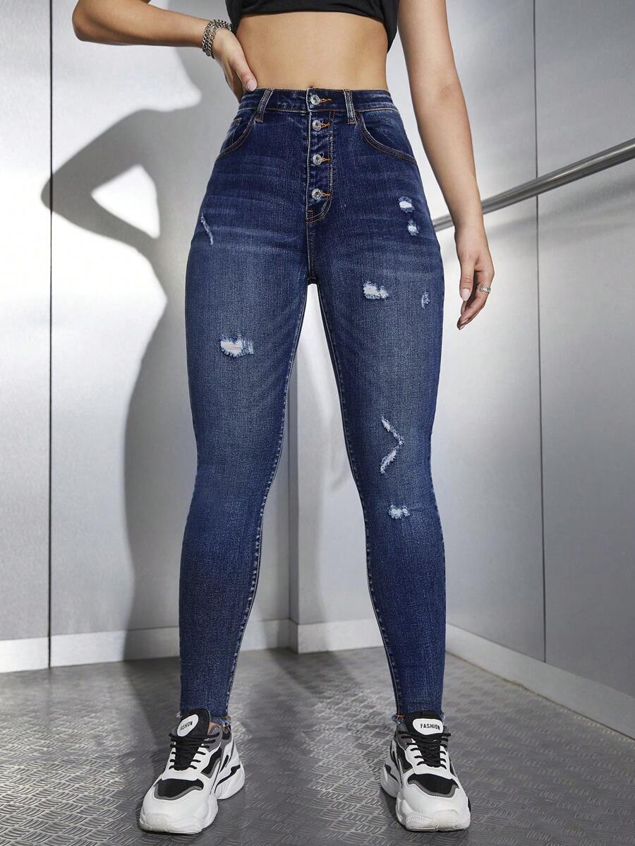 SHEIN ICON Brushed Skinny Pants With Button Fastening - Medium Wash - View 1