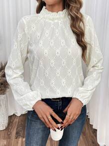 SHEIN Frenchy Women's Lantern Sleeve Shirt With Hollow Out Embroidery, Back Button Detail - Apricot - View 6