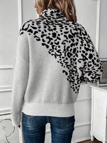 SHEIN LUNE Của phụ nữ In hoa Báo Cổ áo cao Áo len - Màu be - Xem 2