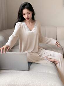 DAZY Lace Patchwork Long Sleeve Pajama Set