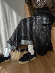 FRIFUL Women's Tiered Ruffle Asymmetric Hem Skirt - Black - View 8