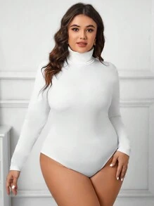 SHEIN Essnce Plus Size High Neck High Elasticity Bodysuit - أبيض - مشاهدة 4