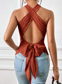 SHEIN Essnce 女士鏈扣無背心領上衣 - 紅木色 - 查看 1