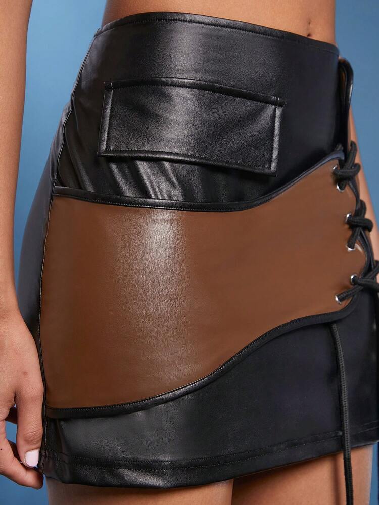 Lace Up Overlay Colorblock Fashion Asymmetrical Hem Skirt