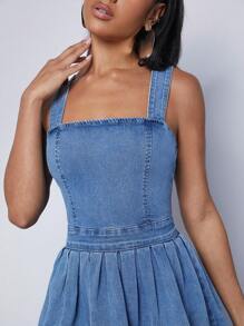 Denimoi Square Neck Pleated Denim Dress - Medium Wash - View 3