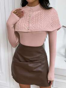 SHEIN Privé Women's 2 In 1 Buttoned Poncho And Sweater - Pink - View 3