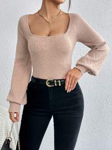 SHEIN Privé Cổ vuông Tay áo lồng đèn Áo len - Hồng - Xem 6