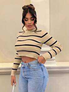SHEIN SXY Backless Striped Cropped Sweater - Camel - View 4