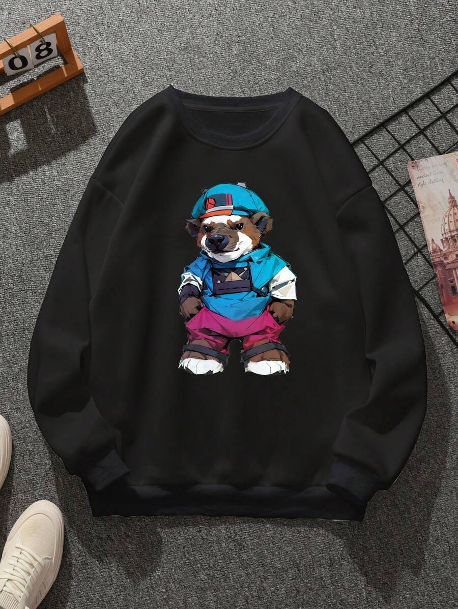 Men's Round Neck Black Sweatshirt With Dog Print - Grey - View 1