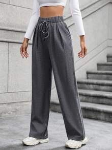 SHEIN Unity Women's Solid Color Drawstring Waist Trousers - Light Grey - View 4
