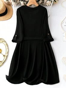 SHEIN LUNE Vestido De Talla Grande Con Puños Enrollados Y Color Liso Con Cinturón