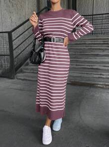 SHEIN Cottnline Striped Long Sleeve Round Neck Sweater Dress - Dusty Pink - View 3