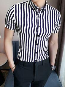 Manfinity Homme Hombres Camisa de rayas verticales con botón - Azul y blanco - Ver 3