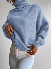 RueChic Jersey cuello alto de manga raglán tejido de canalé - Azul - Ver 3